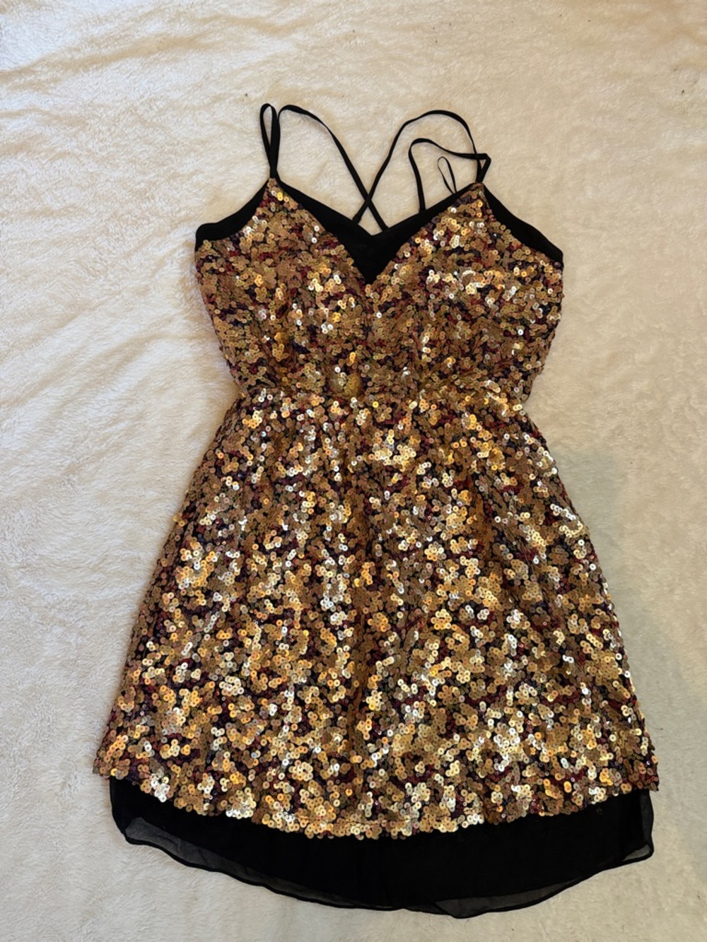 Gold Sequin Party Dress with Black Trim